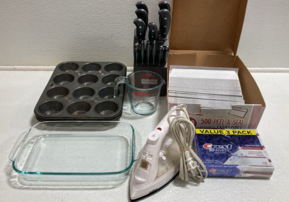 (3) Muffin Tins, Pyrex Measuring Cup and Baking Dish, Envelopes, Knife Block w/ Mismatched Knives, Crest Toothpaste, Clothing Iron
