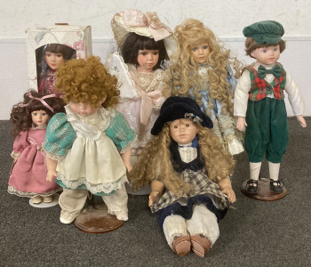 (7) VINTAGE PORCELAIN DOLLS INCLUDING (1) UNIQUE PORCELAIN DOLL COLLECTION, AND MORE