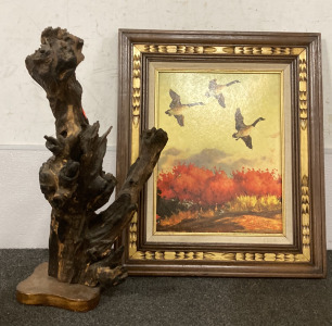 (1) FRAMED DUCK PAINTING (22”X26”), WITH (1) DRIFT WOOD SCULPTURE