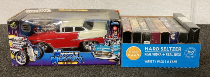 (1) MUSCLE MACHINES ‘55 CHEVY FIGURINE, WITH (1) ANTIQUE CARBIDE MINORS LANTERNS, AND (8) VHS MOVIES INCLUDING “STAR TREK EPISODE 41”, “THE X-FILES”, AND MORE