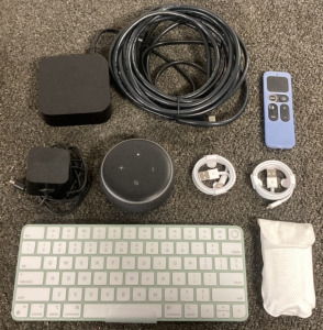 NEW APPLE MAGIC TEAL KEYBOARD W/ TWO NEW CHARGING CABLES AND NEW CORDLESS MOUSE, APPLE TV W/ REMOTE MODEL-A1625 (WORKS), AMAZON ECHO DOT 3 MODEL-C78MP8 (WORKS)