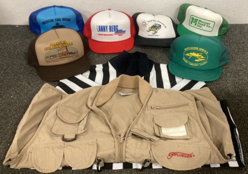 FLUEGER TAN M VEST, CLIFF KEEN ATHLETIC XL STRIPED LONG SLEEVE, (6) TRUCKERS HATS