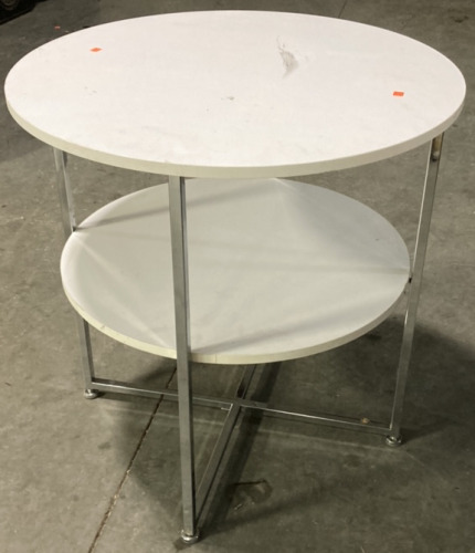 WHITE CIRCULAR TWO TIER METAL LEGGED TABLE (30X31)