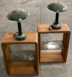 (2) WOODEN GLASS SHELVED END TABLES W/ TWO GREEN LAMPS (WORK) (11X27”)