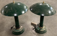 (2) WOODEN GLASS SHELVED END TABLES W/ TWO GREEN LAMPS (WORK) (11X27”) - 2