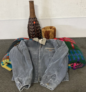 CARHARTT GREY FLEECE LINED ZIP UP JACKET, TWO COLORFUL WESTERN BLANKETS, CANDLE HOLDER, DECORATIVE VASE