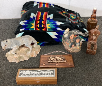 LARGE WESTERN STYLE BLANKET, CERAMIC WOLF STATUE, WOODEN ELEPHANT MODEL, NATIVE GIRLS PORCELAIN STATUE, VINTAGE AMBER BOTTLE, ELK AND DEER KEY HODER, HORSE BOX