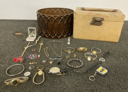 VINTAGE SMALL CHEST AND TIN CONTAINER, VINTAGE FASHION JEWLERY AND MORE