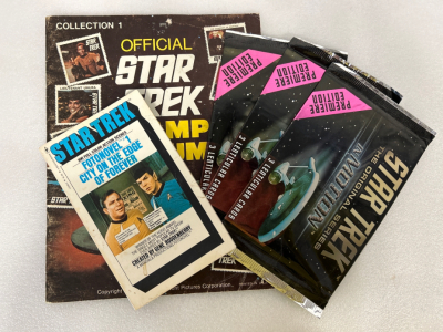 VINTAGE STAR TREK STAMP ALBUM, FOTONOVEL , AND (3) SEALED PACKS OF LENTICULAR CARDS