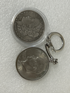 1878 MORGAN SILVER DOLLAR COPY AND IKE DOLLAR KEYCHAIN