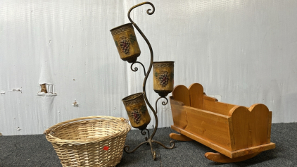 METAL GRAPE STAND, BASKET AND SMALL BABY CRADLE