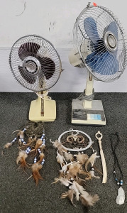 (2) DESK FANS, (2) DREAM CATCHERS, SILVER FEATHER NECKLACE, AND SADDLE HORSE WESTERN KEY CHAIN