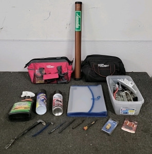 PINK HYPER TOUGH TOOL BAG WITH TOOL, BLACK HYPER TOUGH TOOL BAG, SMALL TOTE FULL OF BRACKETS, FILE ORGANIZER, WEED STOP, PLASTI DIP, LENS TINT, LONGLIFE CAR BULBS, BRASS STAIR GAUGES, (4) PIN PUNCHES, (2) NAIL PULLERS