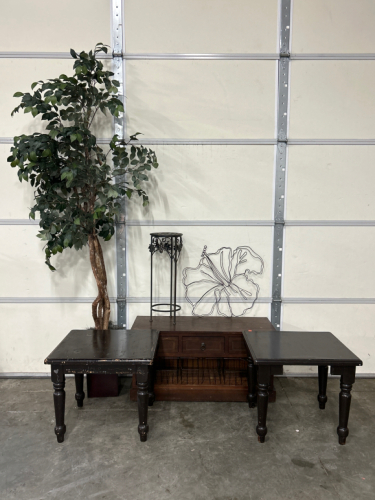 8' ARTIFICIAL TREE, MATCHING SIDE TABLES, PLANT STAND, WALL DECOR AND ENTRY TABLE ORGANIZER