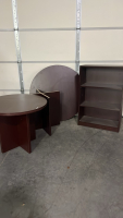 (2) ROUND RED WOODED OFFICE TABLES AND BOOKSHELF