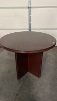 (2) ROUND RED WOODED OFFICE TABLES AND BOOKSHELF - 4