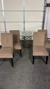 (4) HIGH BACK TAN CHAIRS AND LARGE ROUND GLASS TOP TABLE W/ METAL BASE