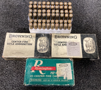 (4) RNDS. BROWNING 6MM REM AMMO AND (56) COUNT SPENT SHELLCASES