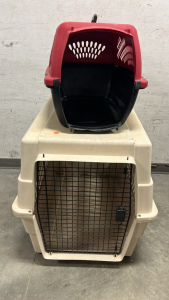SMALL RED AND BLACK KENNEL AND MEDIUM TAN KENNEL