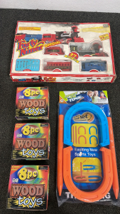 VINTAGE FORTY NINER BATTERY OPERATED TRAIN SET, HORSESHOES GAME SET, AND THREE 8PC WOOD TOYS