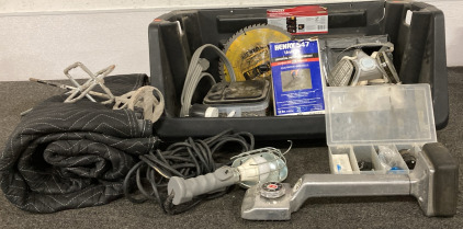 STORAGE BINS, PAINT MASK WITH FILTER CHANGE, 12 INCH SAW BLADE, SCREWS AND MORE