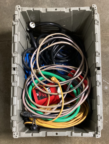 (1) HEAVY DUTY PLASTIC BIN OF TUBING AND CORDS (WATER DAMAGE)