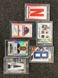(5) BSU UNIFORM PATCH/ AUTOGRAPHED CARDS AND (1) NFL CARD