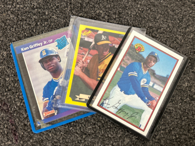 1989 BOWMAN KEN GRIFFEY ROOKIE CARD, 1989 DONRUSS KEN GRIFFEY ROOKIE CARD AND 1985 CLASSIC MARK MGWIRE ROOKIE CARD