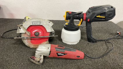 RYOBI SKILL SAW, WAGNER CORDED PAINT SPRAYER, HYPER TOUGH OSCILLATING MULTI-FUNCTION TOOL