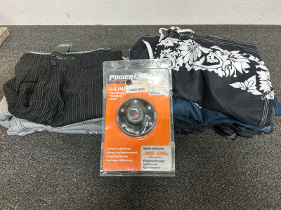 LIKE NEW MENS O’NEILL SHORTS (1 SIZE 34, 6 SIZE 38), SPEEDO MENS SWIM TRUNKS (1 SIZE XL, 6 SIZE 2XL) AND POWER CARE 4-LINE UNIVERSAL TRIMMER HEAD