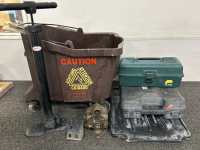 BENDIX R-12 RELAY VALVE, SMALL TACKLEBOX, BELL TIRE PUMP (HAS COMPRESSION-NO HOSE), MOP BUCKET ON WHEELS, EMPTY SRILL CASE AND PLASTIC DISH DRAINER WATER CATCH