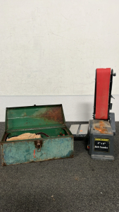 CENTERAL MACHINERY BELT SANDER, GREEN METAL TOOLBOX AND TOOLS