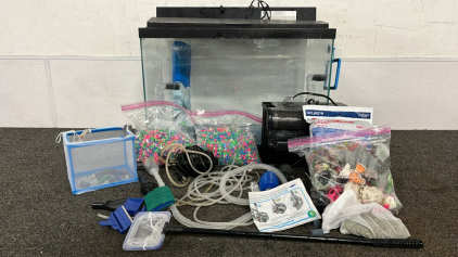 MEDIUM FISH TANK, FISH TANK DECOR/ ROCKS, WATER FILTER, CLEANING TOOLS AND MORE