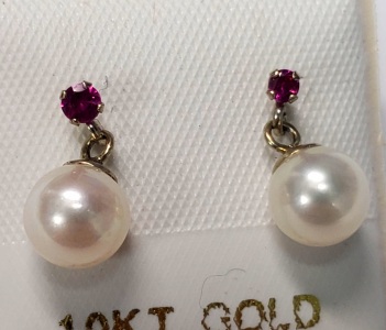 $200 10K Gold Ruby And Pearl Drop Earrings