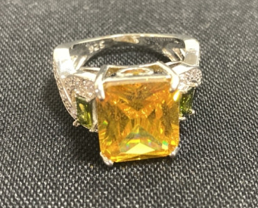 Square Cut Faceted Amber Citrine .925 Ring Size 9