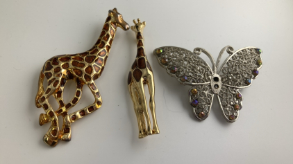 (2) Giraffe Brooches, (1) Butterfly Brooch