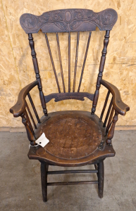 42" H BEAUTIFUL ANTIQUE WOOD AND LEATHER CHAIR