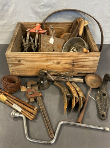 ANTIQUES TOOLS, LONG NAILS, METAL GAS CAN TIPS, PULLYS AND MORE