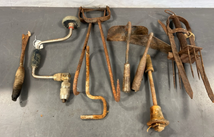 VINTAGE HAY HOOKS, HAND TOOLS, STEEL CLAW ANIMAL TRAP AND MORE