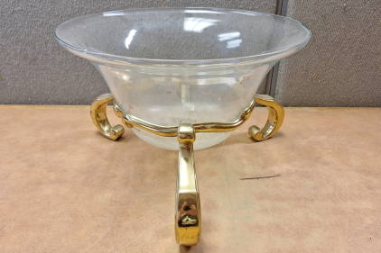 LARGE BEAUTIFUL GLASS BOWL WITH BRASS-LIKE FRAME - 11" H x 18" DIAMETER