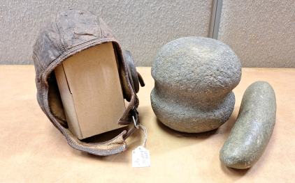 VINTAGE AVIATOR CAP AND 2 BEAUTIFUL STONES