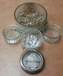 VINTAGE GLASS DISHES WITH SUNSTONE AND CRYSTAL STONES