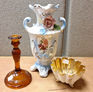 BEAUTIFUL VINTAGE VASE, CANDLE HOLDER, AND BOWL