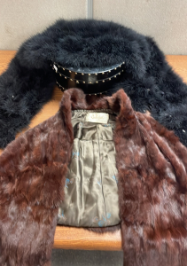 VINTAGE FUR SHRUG JACKET, SCARF, STORAGE BOX