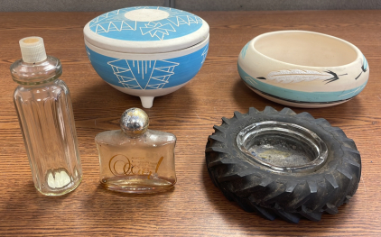 VINTAGE POTTERY/ASH TRAY/COLOGNE BOTTLES