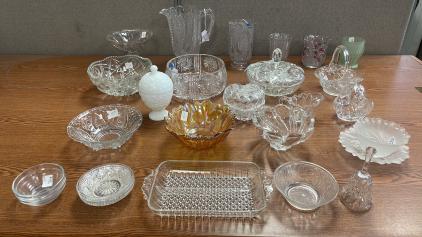 LOT OF VARIOUS VINTAGE GLASS, SERVING DISHES, VASES