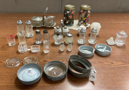 VINTAGE SALT AMD PEPPER SHACKERS, GLASS, MASON JAR LIDS, AND MORE