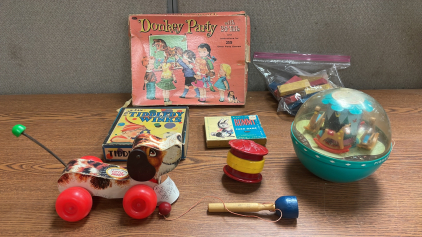 LOT OF VINTAGE FISHER PROCE TOYS, GAMES, AND BLOCKS