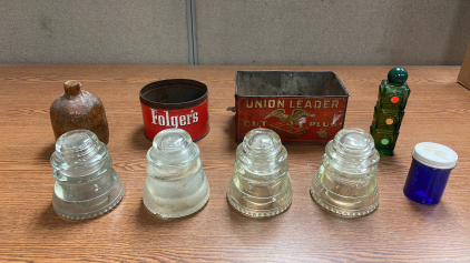 VINTAGE COFFEE TINS. GLASS INSULATORS, AND MORE