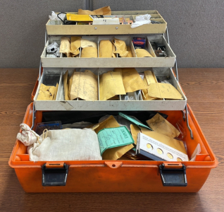 ORANGE TOOL BOX WITH VINTAGE ELECTRICAL COMPONENTS